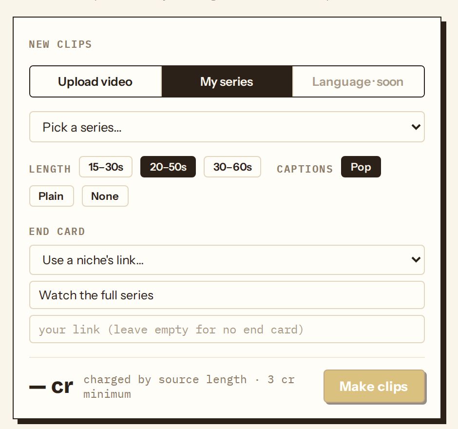 The New clips form in the Dawnwood console: upload a video or pick episodes of your series, choose a clip length band, caption style and an end card.