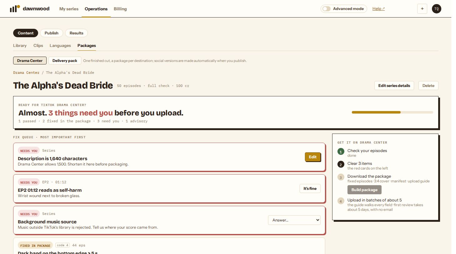 A report with three items that need you, then items fixed in the package.